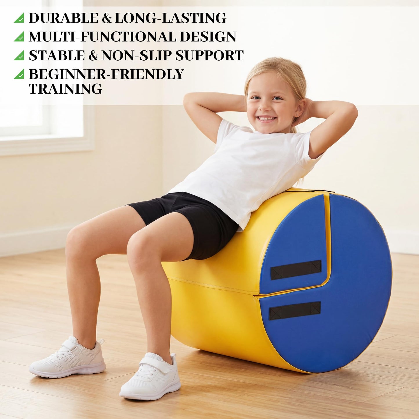 MABOZOO 2-in-1 Gymnastics Tumbling Equipment with Posture Correction Support, Detachable Back Handspring Trainer with High-Density Foam, PU Leather Gymnastics Barrel for Kids, 21.7" x 17.7"
