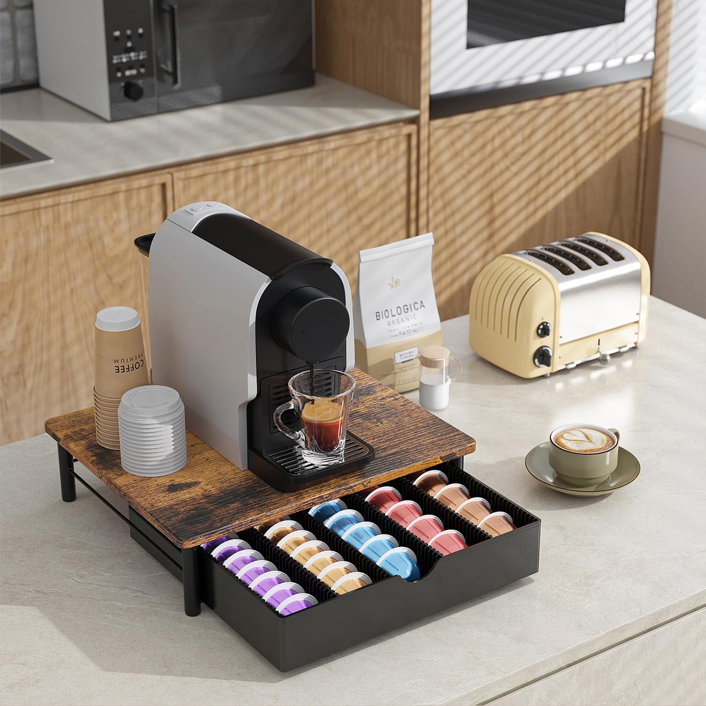 OUTIOE Coffee Pods Drawer Organizer Compatible with Nespresso Vertuo Pods Holds Up to 60 Small or 40 Large (Wood)