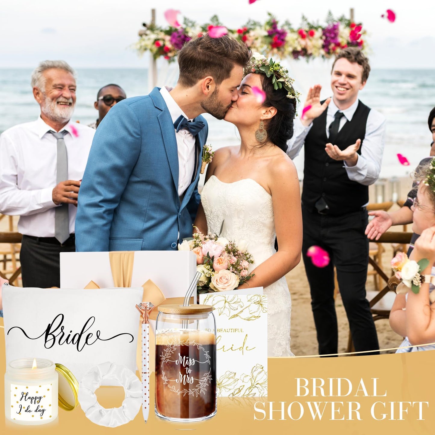 Irenare Wedding Gifts Bride Bridal Shower Gift Including Mrs Can Shaped Drinking Glass with Straw Makeup Bag Crystal Pen Scented Candle Scrunchies Raffia Card Gift Box for Engagement Party(White)