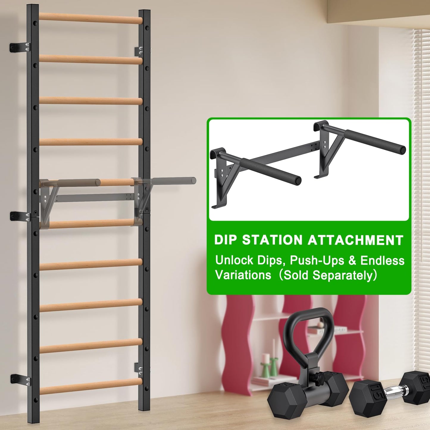 Kipika Gymnastic Wood Stall Bar - 2"x2" Swedish Ladder with 1" Hole, Wall Mounted Ladder Suspension Trainer, Solid Wood Grips Gymnastics Training Bar for Home, Wall Gym, School & Clinics