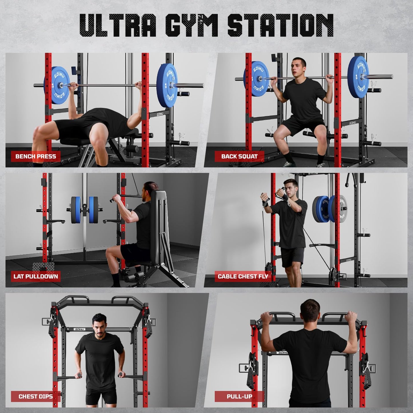Goimu R1-V4 Power Cage Rack, 2000LB Squat Rack with Cable Crossover System, Multi-Function Weight Cage, Home Gym Workout Machine with More Training Attachments (Red R1 Power Cage)