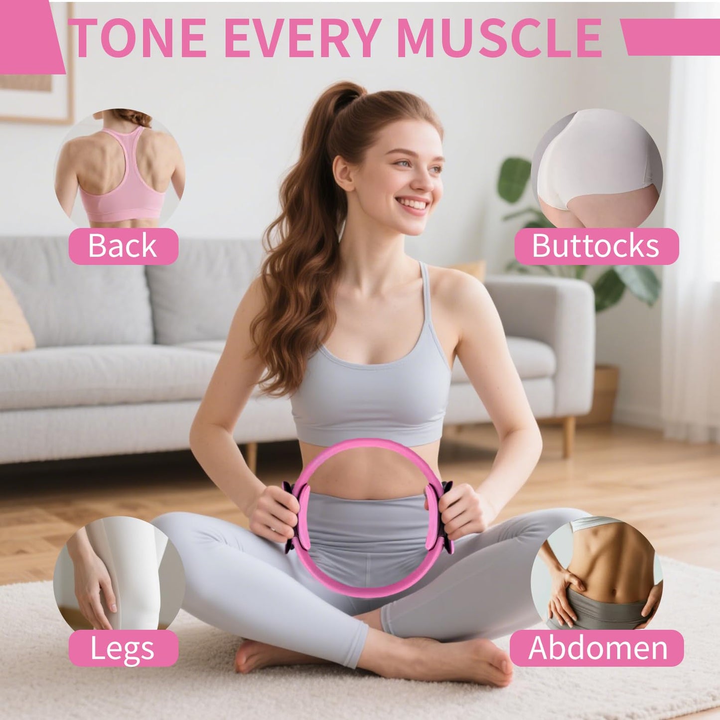 Pilates Kit for Home Workouts for Women-12-Piece Equipment Set with Ring,Yoga Ball,5 Resistance Bands,Figure-8 Band,Arm Stretcher,Grippy Socks,Storage Bag for Toning,Strength & Flexibility (Pink)