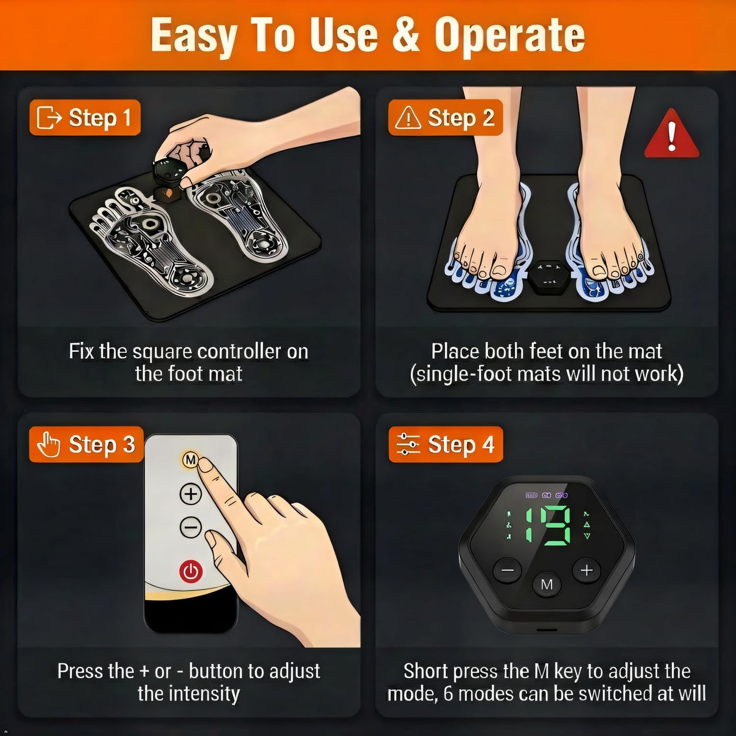 OKJY EMS Foot Muscle Stimulator & TENS Machine for Pain Relief - Helps Neuropathy, Plantar Fasciitis & Circulation - Portable Folding Mat with Remote for Elderly, Office Workers & Home Use