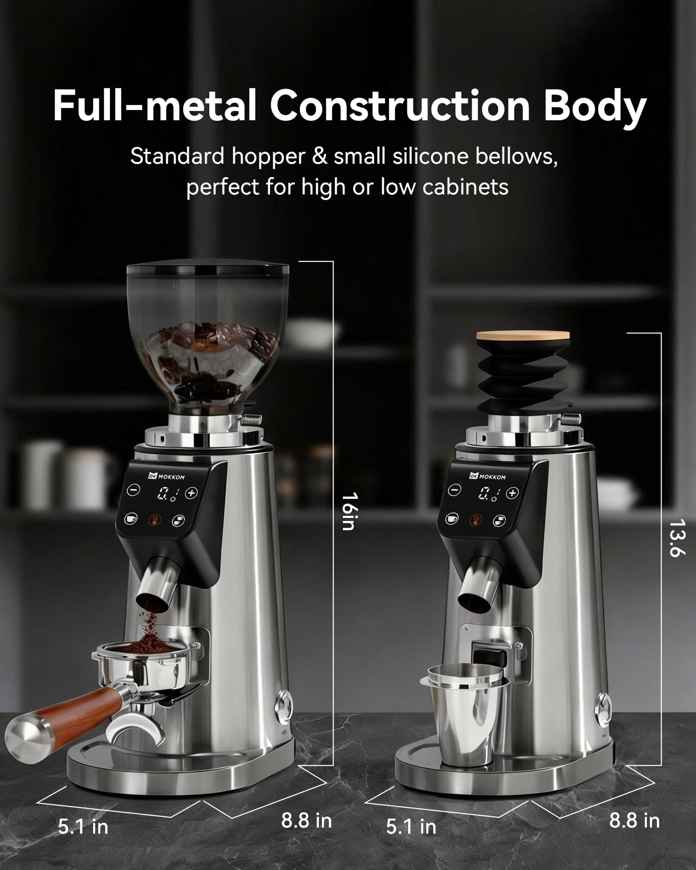MOKKOM Professional 64mm Flat Burr Coffee Grinder with 100 Grind Settings, All-Metal Stainless Steel Body, Coffee Bean Grinder with Adjustable Electronic Timer, Anti-Static, LED Display