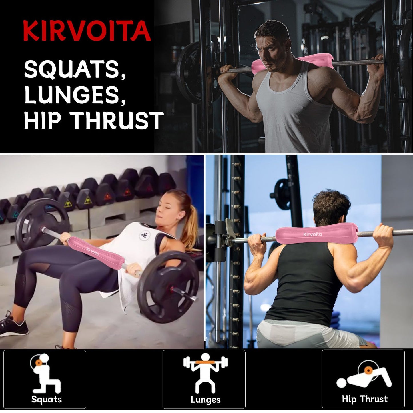 Kirvoita Rubber Barbell Pad, Squat Pad, Hip Thrust Pad, Easy to Install, No/Straps Needed, for Both Heavy Weights & Lower Weights (15.5 * 3.5 * 3.5 in, Pink)