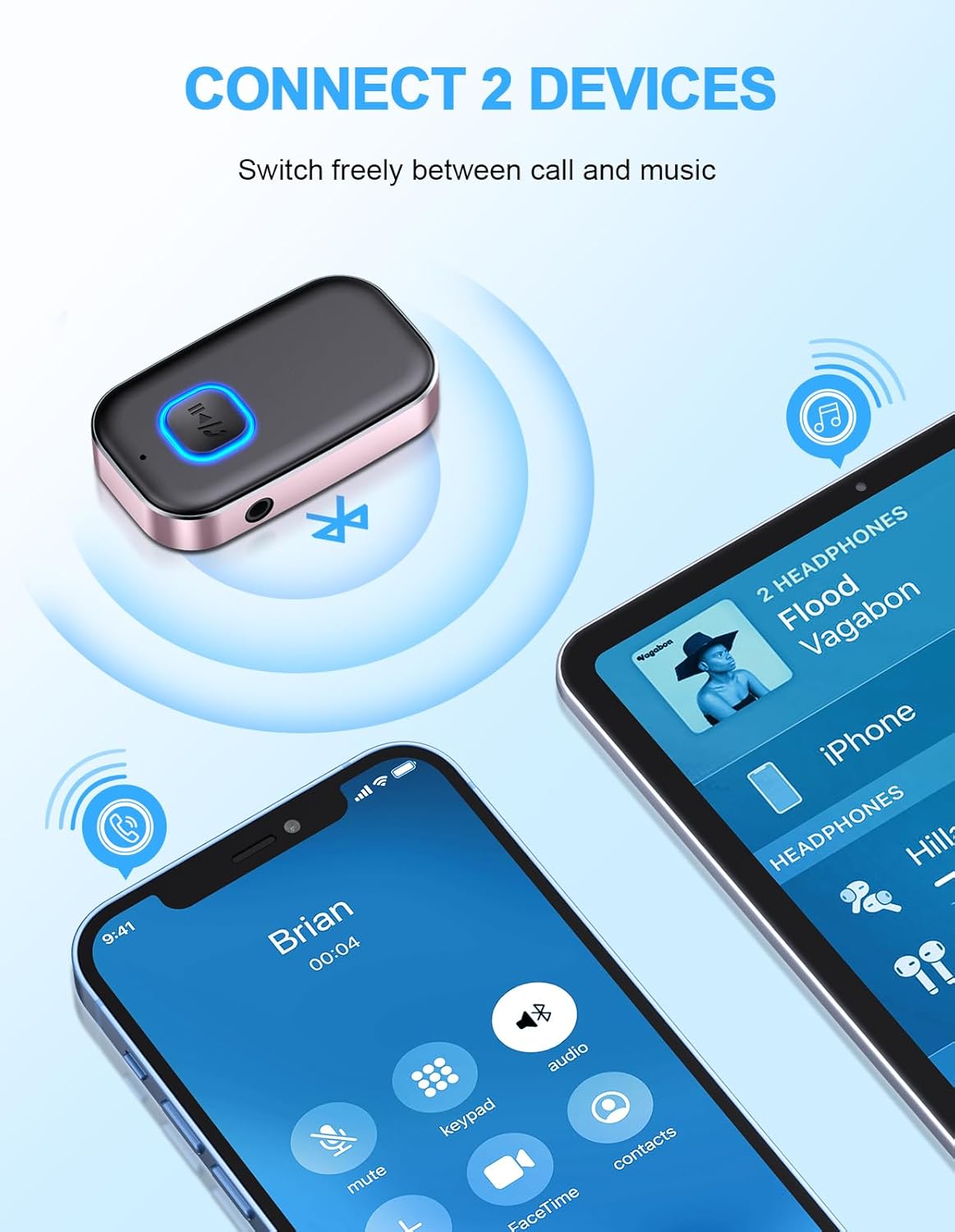 COMSOON 16H Bluetooth AUX Adapter for Car, Noise Reduction Bluetooth Receiver for Music/Hands-Free Calls, Wireless