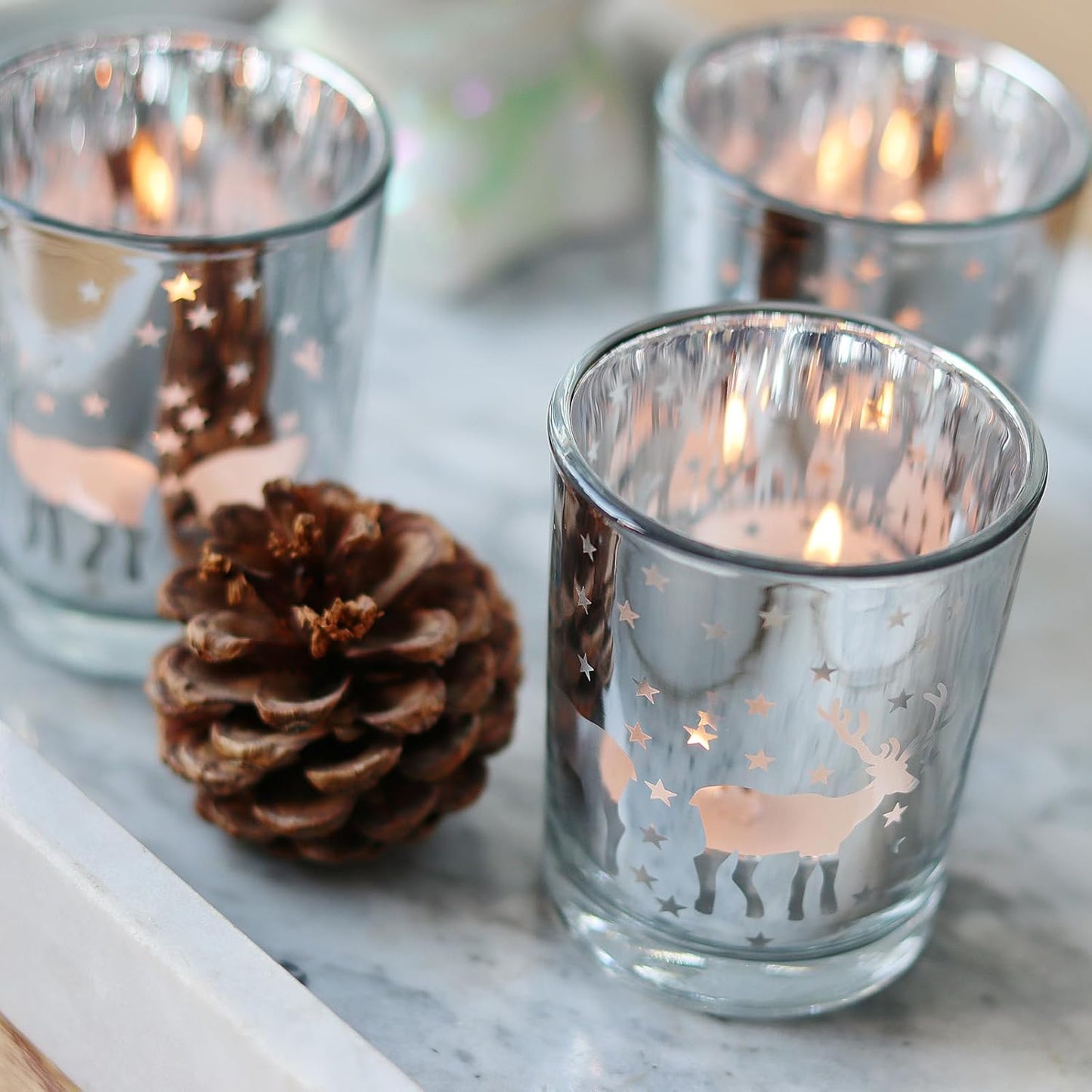 Skiennix Silver Votive Tealight Candle Holders - 12PCS Carved Reindeer Xmas Table Centerpiece Decor