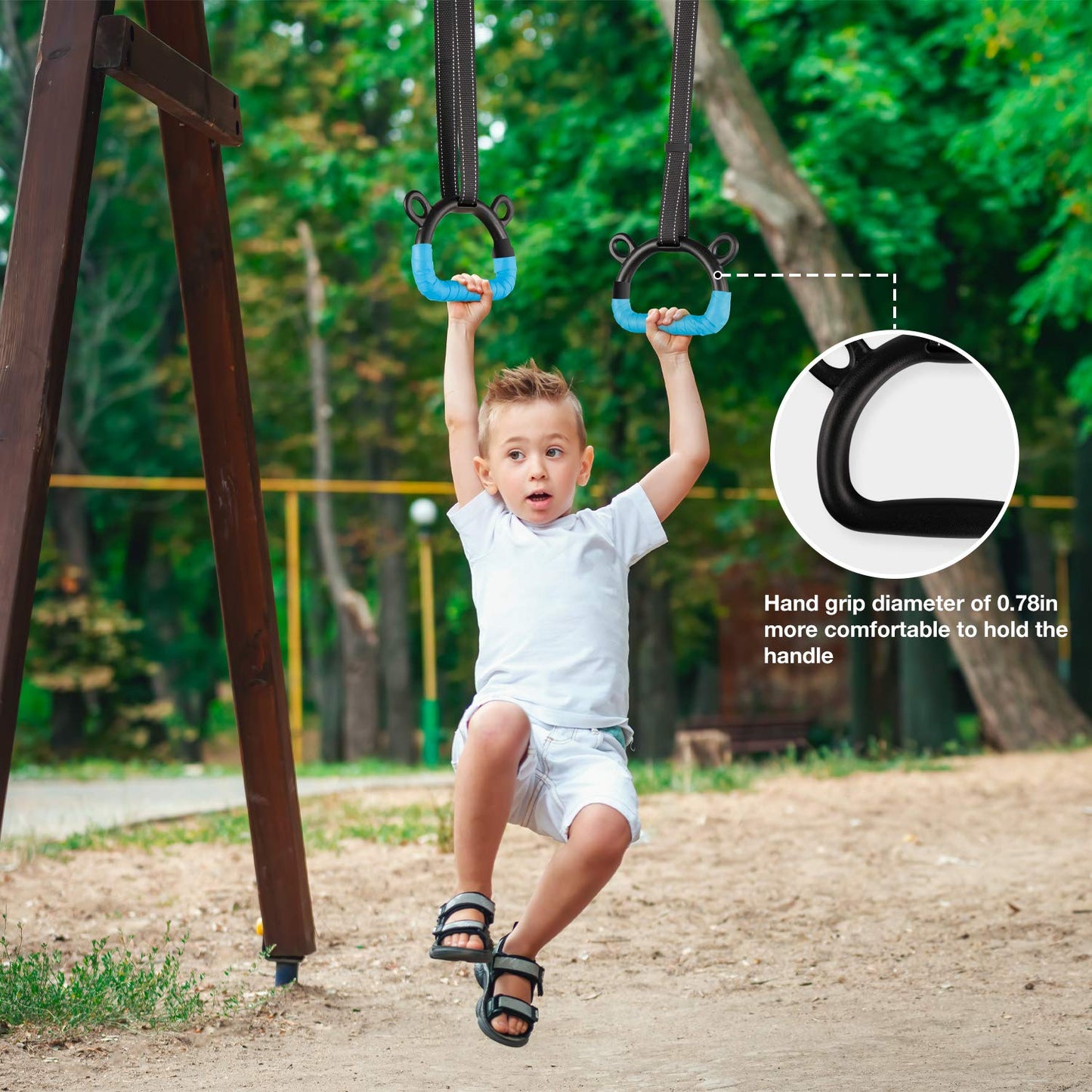 EXQ Home Kids Gymnastic Rings Pull up Rings for Chlidren Exercise,Indoor Gym Ring,Kids Gymnastics Rings with Adjustable Straps,Load Bearing 220lb,Blue Hands Tape (NO Bar)