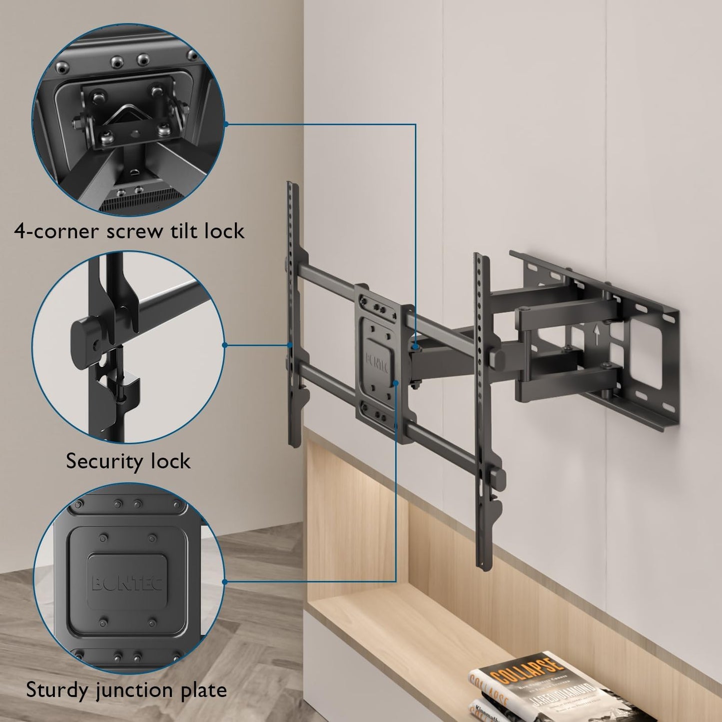BONTEC 37-85 Inch 132lbs, 600x400mm, 16" Full Motion TV Wall Mount for TVs, Hold up to Max VESA Swivel Tilt Dual Arms
