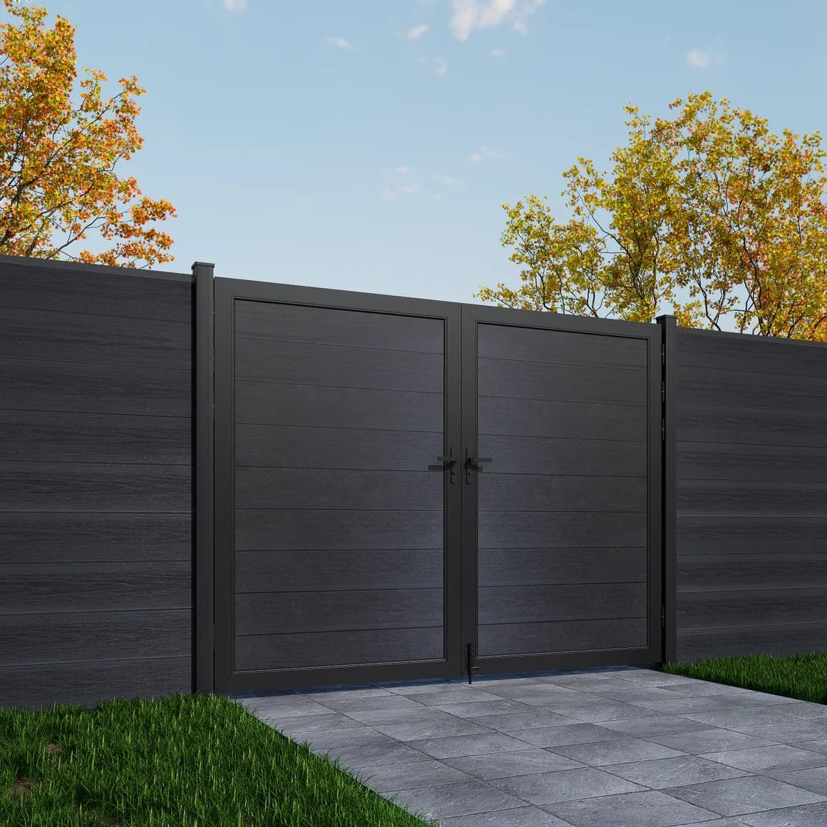 Mondaria Wood Plastic Composite Gate for Privacy Fence, 6ft(H)*6ft(W) Double Fence Gate with Metal Frame and Knob Kits, Black (Without Post)