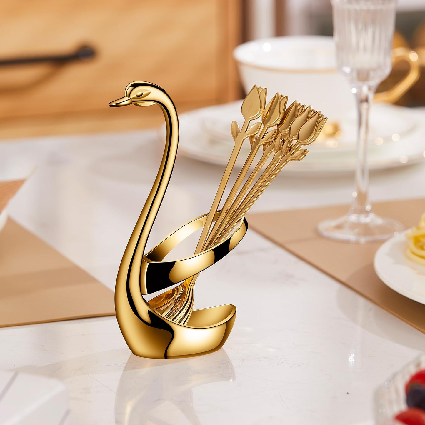 SGVRPVZ Gold Small Coffee Spoon Holder Set,Swan Base With 12 Pcs Demitasse Espresso Spoons Set,6" Mini Tulip/Rose Dessert Spoon,Stainless Steel Tea Spoons