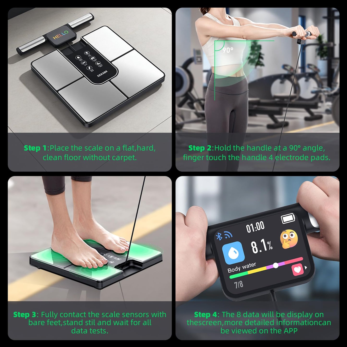 DEKABR Smart Scale for Body Weight, 8 Electrode Digital Bathroom Scale for Body Fat BMI Muscle Mass, 57 Body Composition with Voice Prompt, TFT LCD on Retractable Handle for Home & Gym