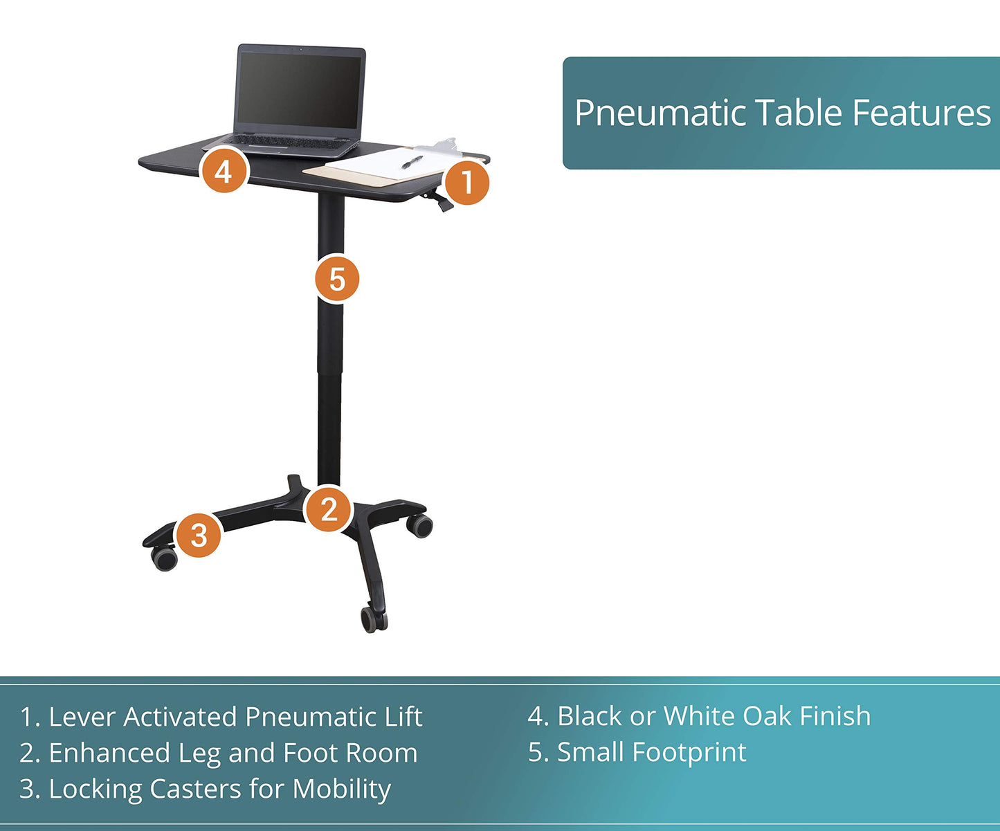 Stand Up Desk Store Pneumatic Adjustable Height Rolling Mobile Laptop Standing Desk Cart (Black Frame/Black Top, 28" Wide)