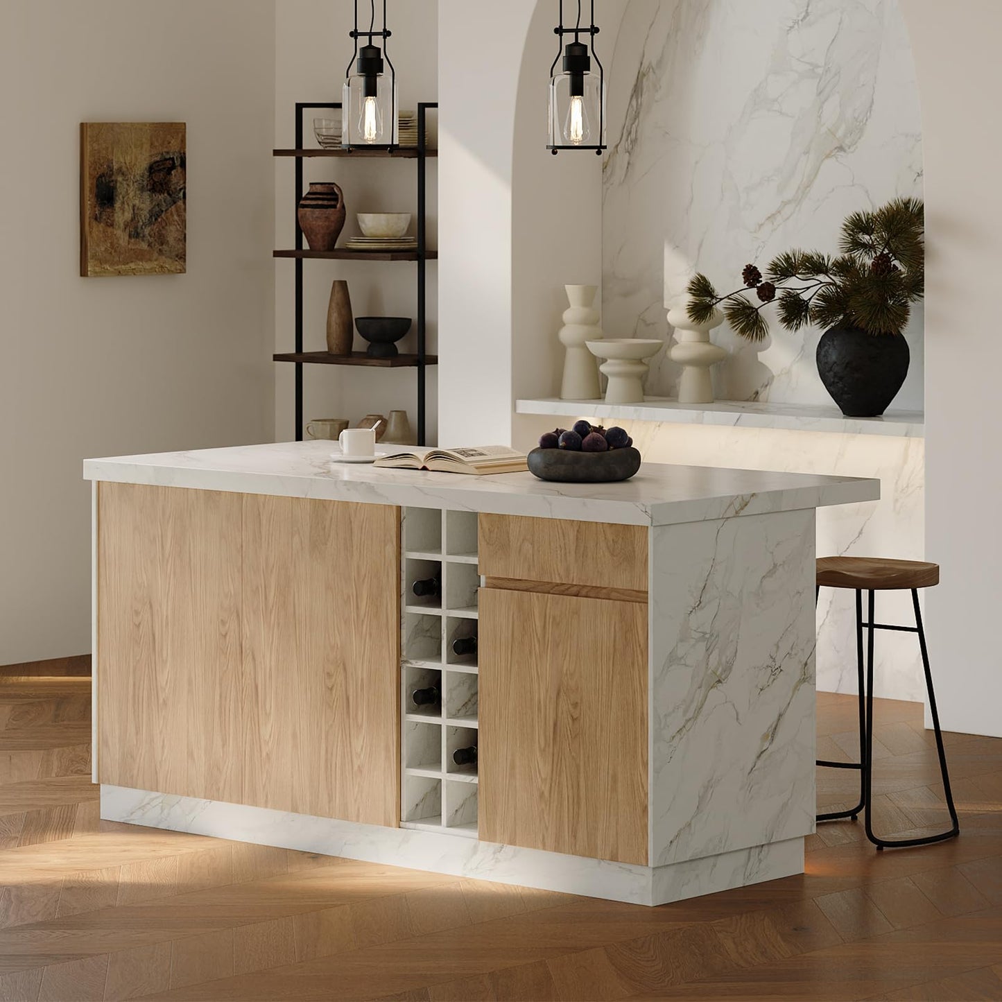 homary Kitchen Island with Storage & LED, 72" White Wood Islands with Wine Rack, Drawers & Shelves, Modern Kitchen Table for Dining Room, Prep & Gatherings, Without Chair