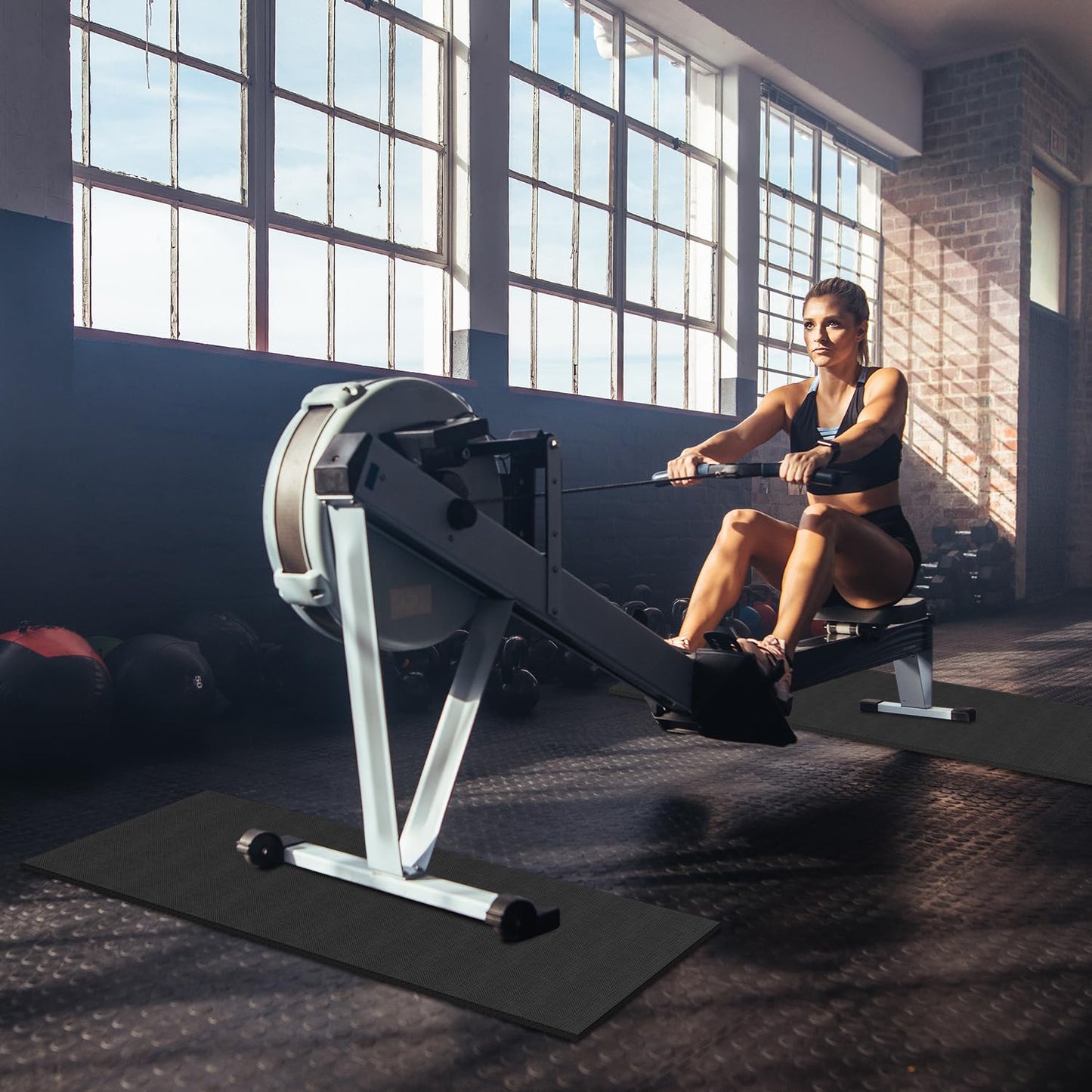2PCS Fitness Equipment Mats and Floor Protector, Non-Slip Mat Rowing, Rowing Machine Bike Mat for Carpet & Hardwood Floors, Exercise Bike Mats (Two Pieces:36 * 12 inch)