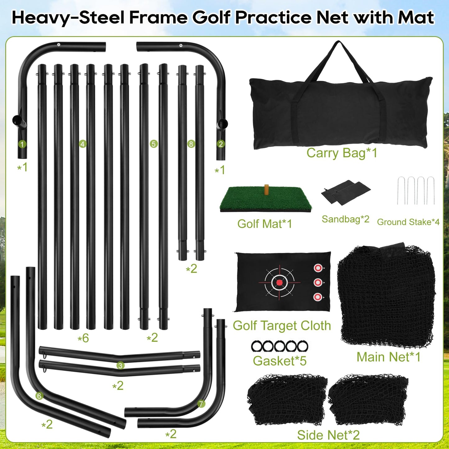 10x7ft Golf Hitting Practice Net for Real Golf Balls, Heavy Duty Driving Training Cage with Reinforced 7-Layer Mesh & Mat, Portable Backyard Net for Indoor Outdoor to Improve Your Swing