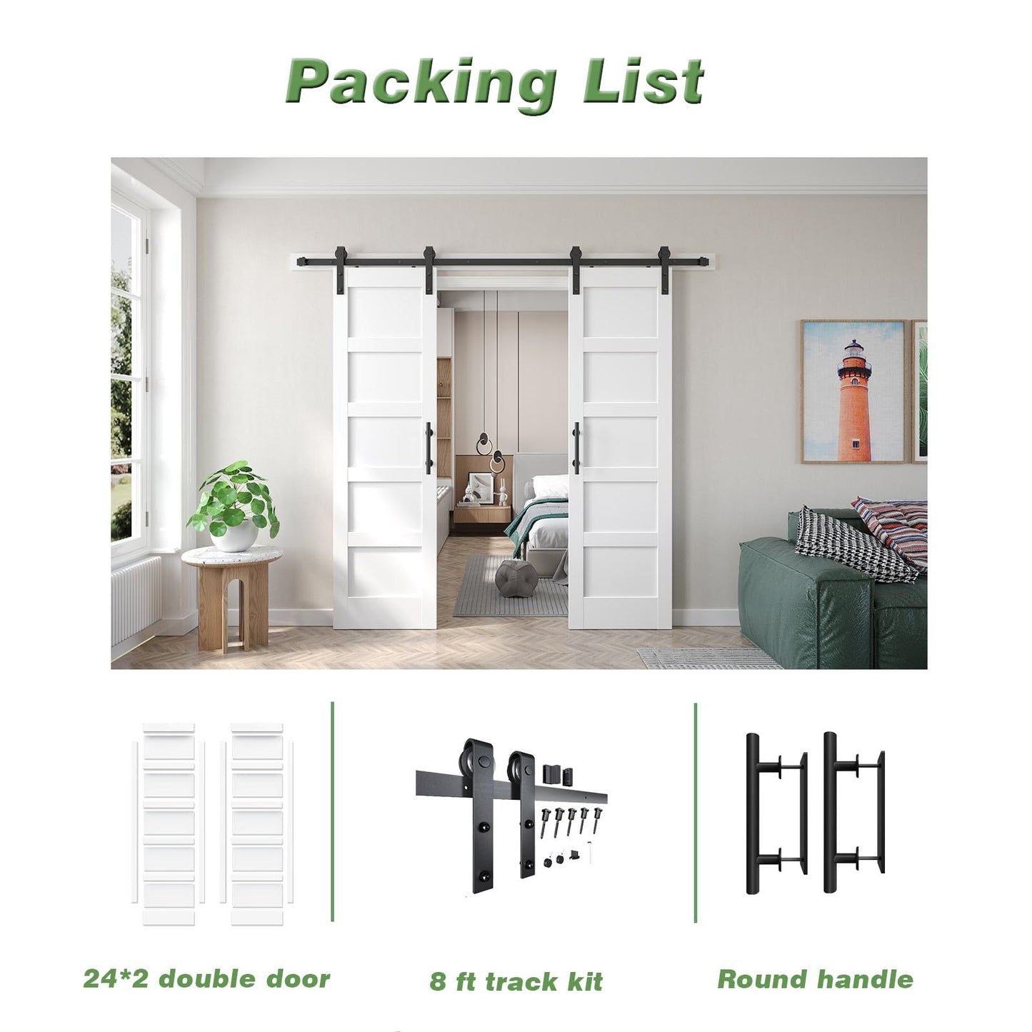 Fredbeck Double 24x84 inch White Barn Door with 8FT Barn Door Hardware Kit Included,with MDF and Wood,DIY Assembly,5-Panel,48inch barn Door,Fit 45in-47in Opening