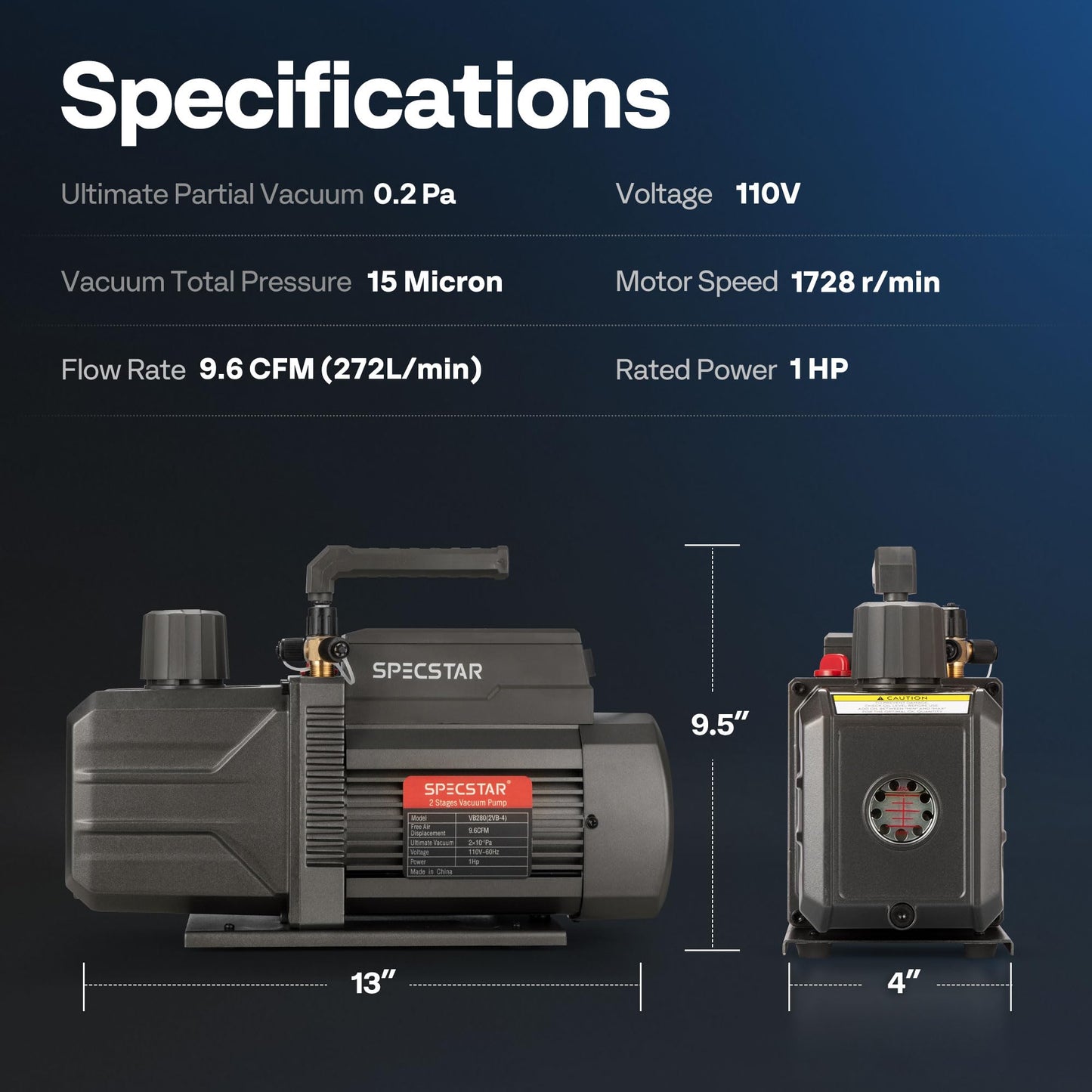 SPECSTAR 110V 1 HP 9.6CFM Dual Stage HVAC Vacuum Pump and 4 Way AC Manifold Gauge Set Kit with Leak Detector 5ft Hoses for R134a R12 R22 R502 R410a Air Conditioning Refrigeration Recharging