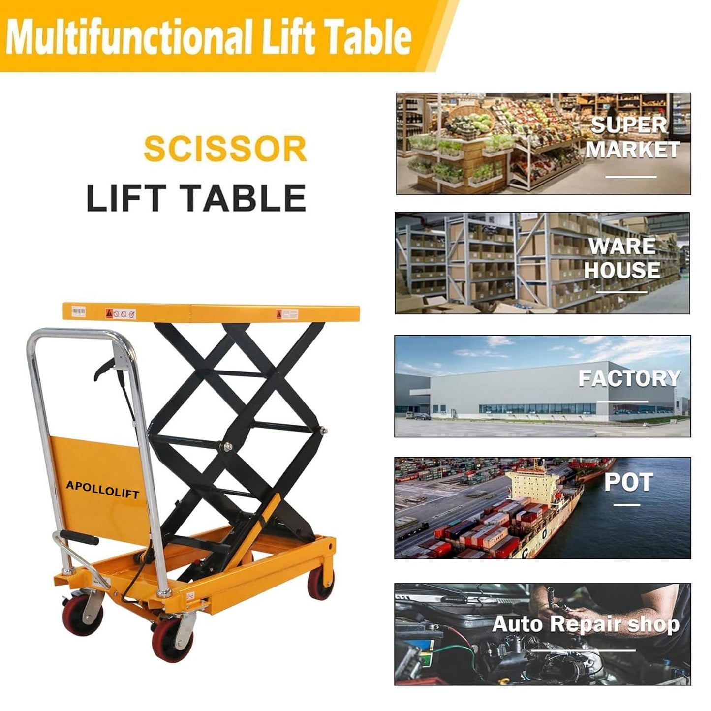 APOLLOLIFT Hydraulic Lift Table Cart, 770lbs Capacity 51" Lifting Height, Double Scissor Lift Table with 4 Wheels and Safety Back Guard for Material Handling and Transportation