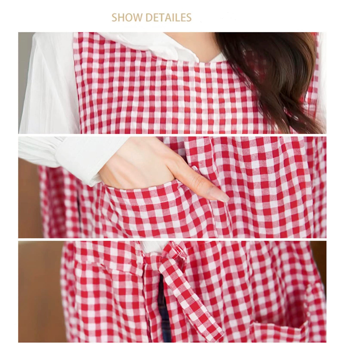TALIBSA Plaid Apron Dress,Japanese Cotton Linen Cross Back Apron for Women with Pockets,Pinafore Dress with Waist Ties (Red Plaid)