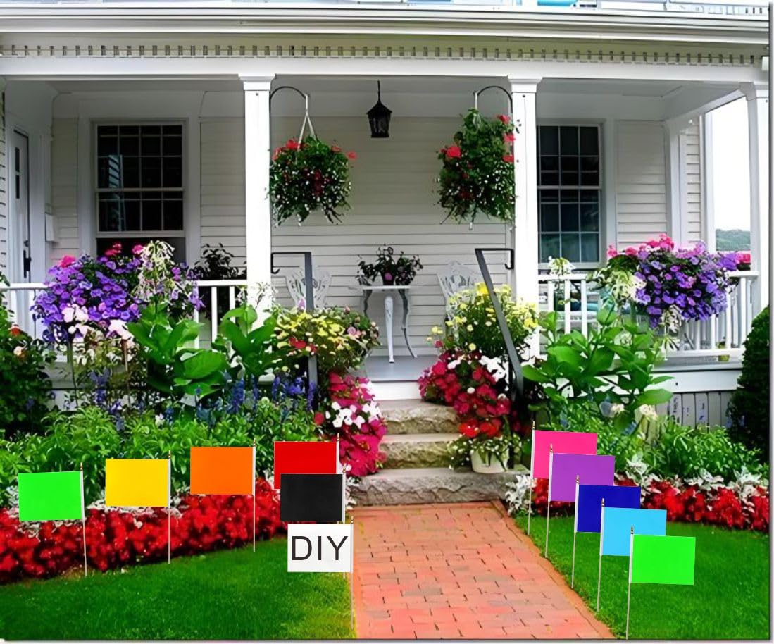 20 Pack Red Orange Yellow Green Blue Purple Black White Pink Small Mini Wood Stick Flag Set, 5x8 Inch Solid Color Blank HandHeld Small Miniature Plain Flags for DIY Graffiti