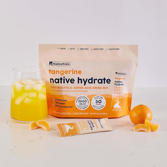 NativePath Native Hydrate Stick Packs, Sugar Free Electrolytes Powder with BCAAs, Tangerine Hydration, Keto & Paleo Friendly, 30 Servings