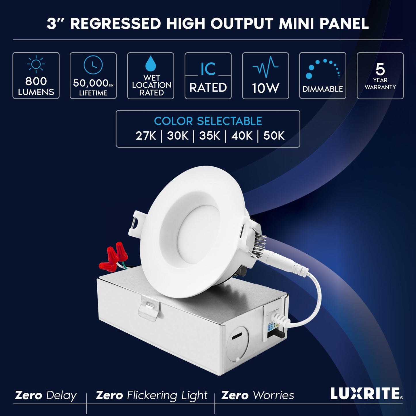 LUXRITE 3 Inch LED Recessed Ceiling Light with Junction Box, 10W, 5CCT Selectable 2700K/3000K/3500K/4000K/5000K, 800LM High Brightness, Dimmable Canless Downlight, Wet Rated, IC Rated, ETL (4 Pack)