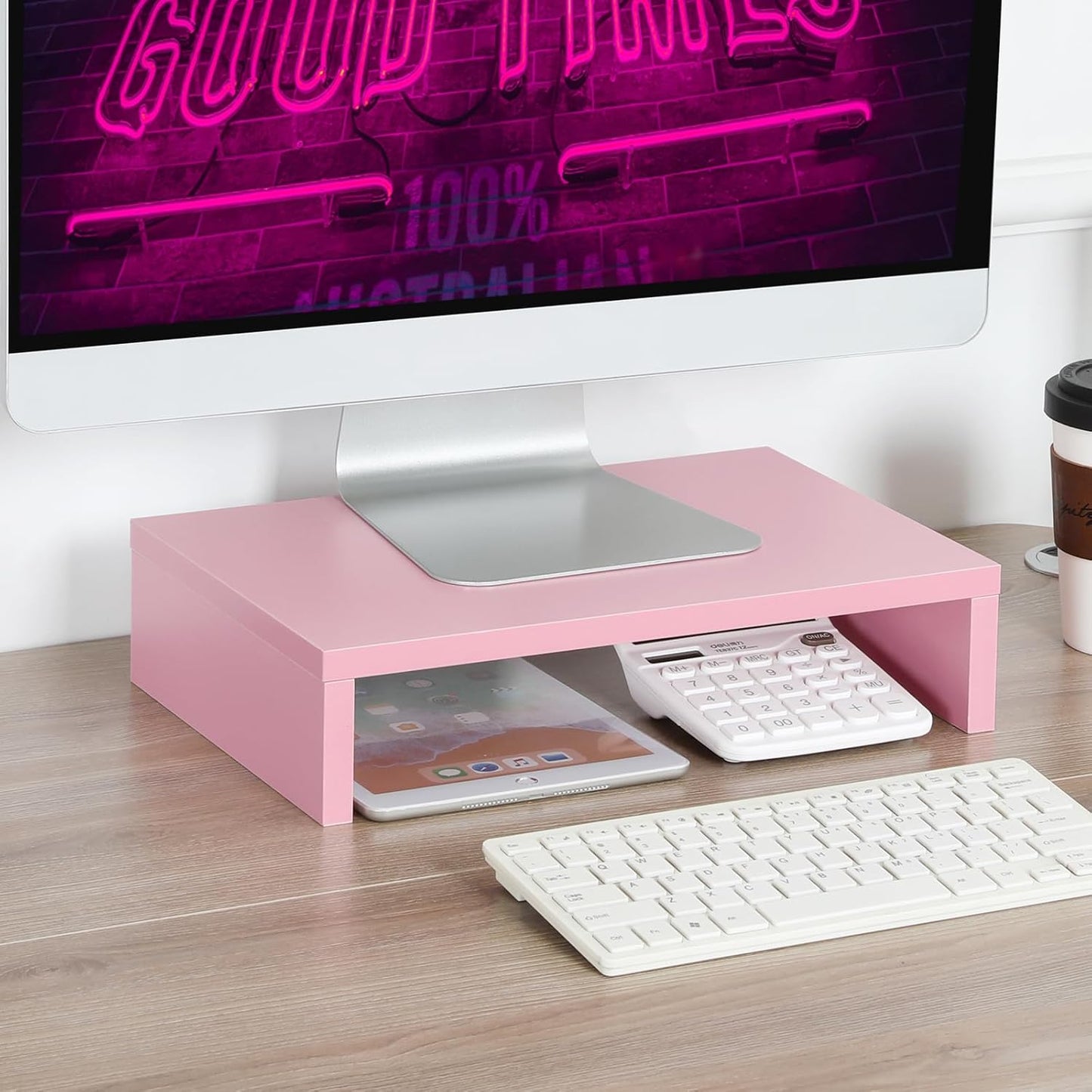 (Pink-14.2 inch) TEAMIX Pink Monitor Stand Riser, Wood Monitor Riser with Storage for Desk Small Monitor Stand
