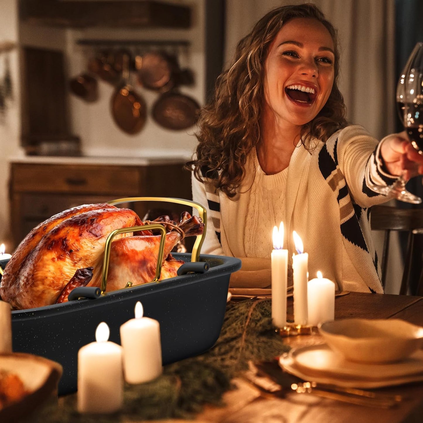 Roasting Pan - 17 Inch x 13 Inch Nonstick Roaster with Removable Rack for Turkey & Vegetables | Gold