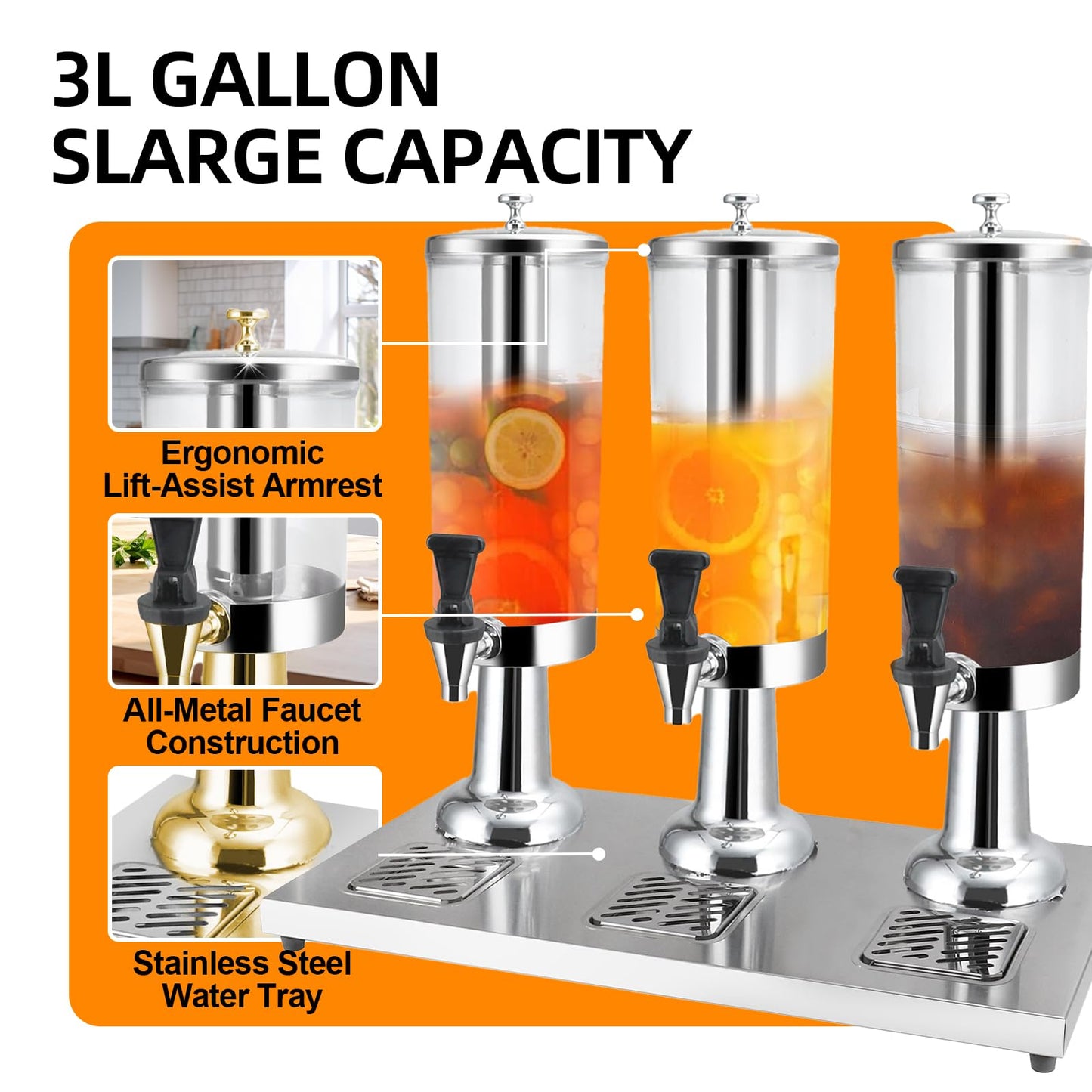 1 Gallon Commercial Beverage Dispenser with Centre Ice Core and Stand Drip Trays Stainless Steel Cold Drink Dispenser for Parties Pub Cafeteria Restaurant Home Hotel (silver, three head)