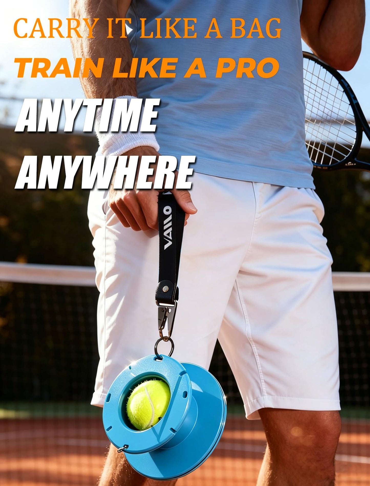 VAIIO Professional Tennis Trainer - Full Metal Portable Solo Rebounder with 3 High-Elastic String Balls, Ideal for Adults, Kids, Beginners & Advanced Players (Blue)