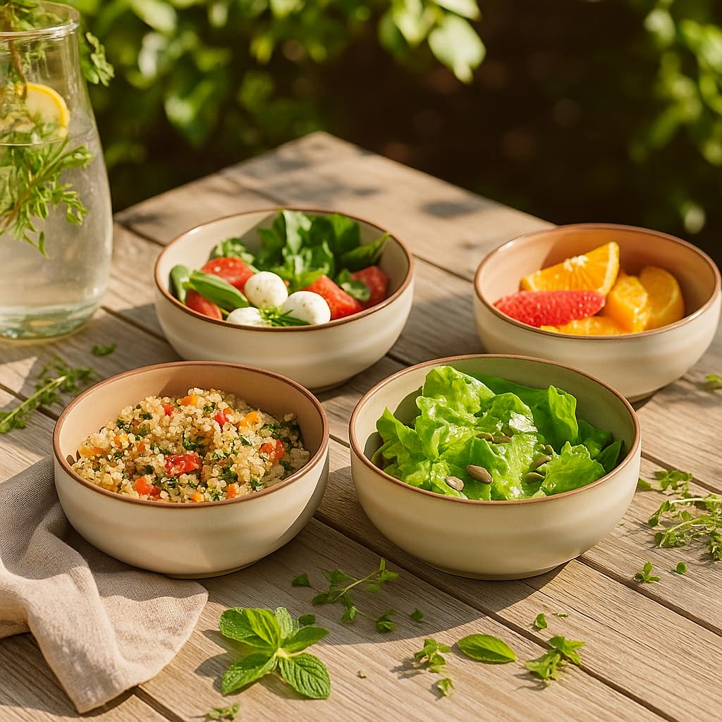 Ava Nord Stoneware Ceramic Cereal Bowls Set of 4, 21 oz | Lead-Free, Cadmium-Free | Microwave and Dishwasher Safe | For Soup, Salad, Rice, Dessert, Ice Cream | Nordic Design | Terracotta/Sage Ash