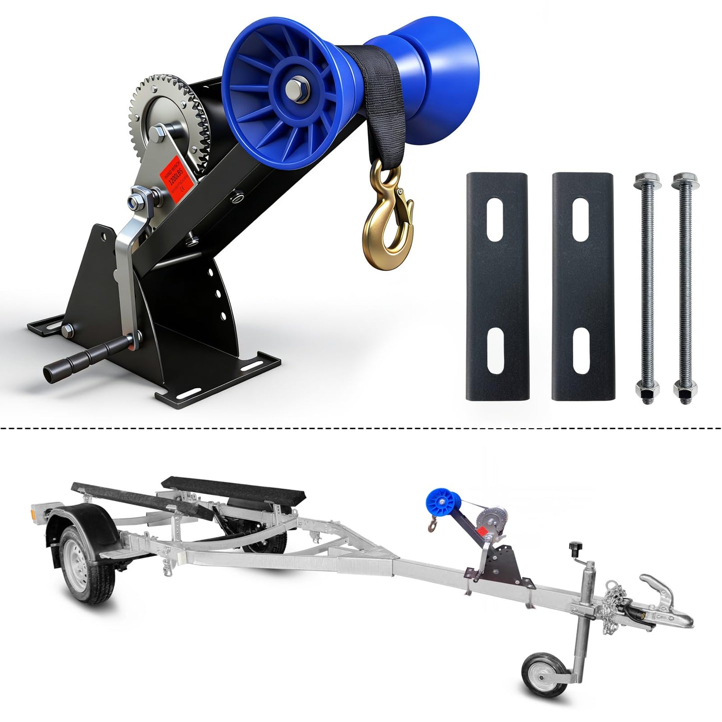 ZUIWAN 1200LB Boat Trailer Winch Stand with Galvanized Adjustable Mount Post & Roller - Fits 3" to 4" W x 4" H Trailer Tongue, Includes Ratchet Winch Kit