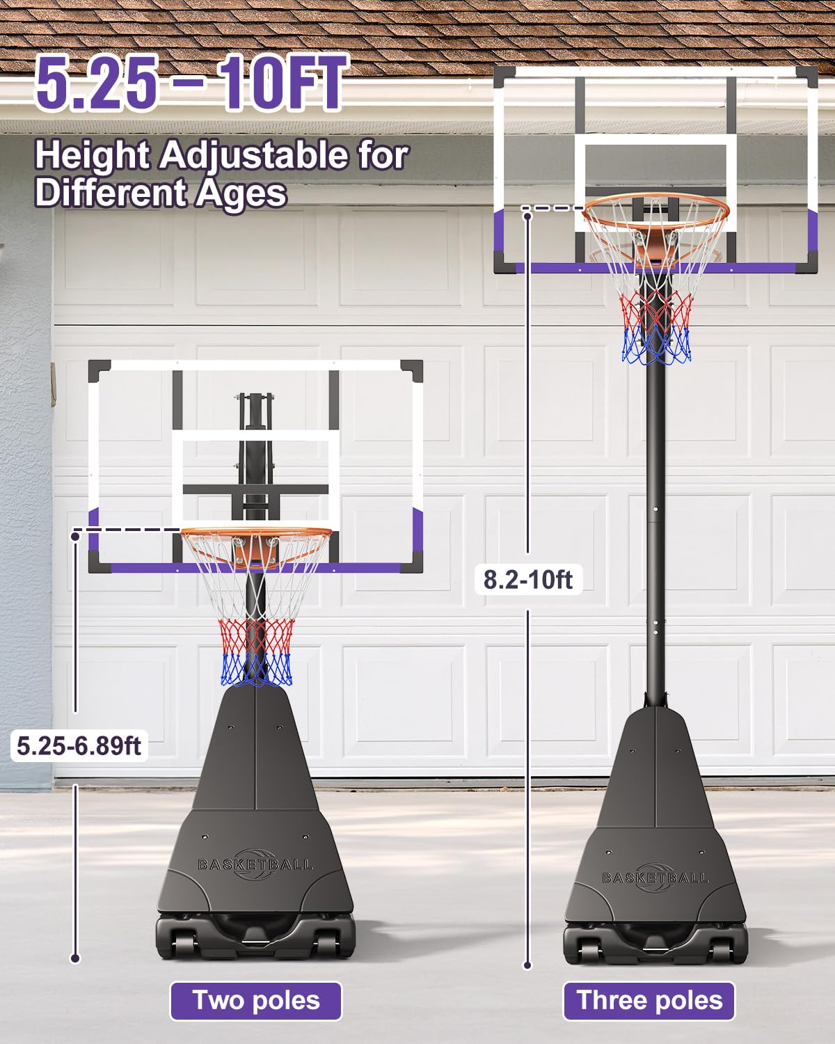 TONBUX Basketball Hoop Outdoor 44 Inch Shatterproof PC Backboard, 5.25-10FT Stepless Adjustable Height, Portable Basketball Hoop for Kids/Teens/Adults in Backyard, Driveway and Indoor