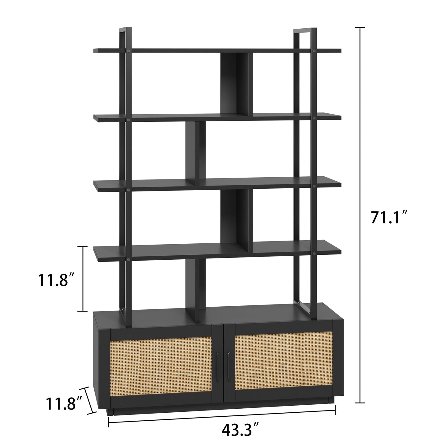 CABIHOME 5 Tier Rattan Bookshelf with Storage Cabinet & Door, 71.1 Inch Tall Industrial Book Shelf with Open Display Shelves, 5 Shelf Bookcase with Metal Frame for Living Room, Bedroom (Black)