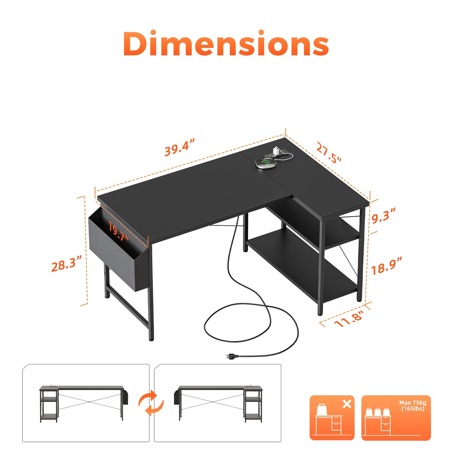 Mericonia Small L Shaped Computer Desk with Power Outlets, Reversible Gaming Desk with Storage Shelves, Corner Gamer Desk Table, Study Writing Table