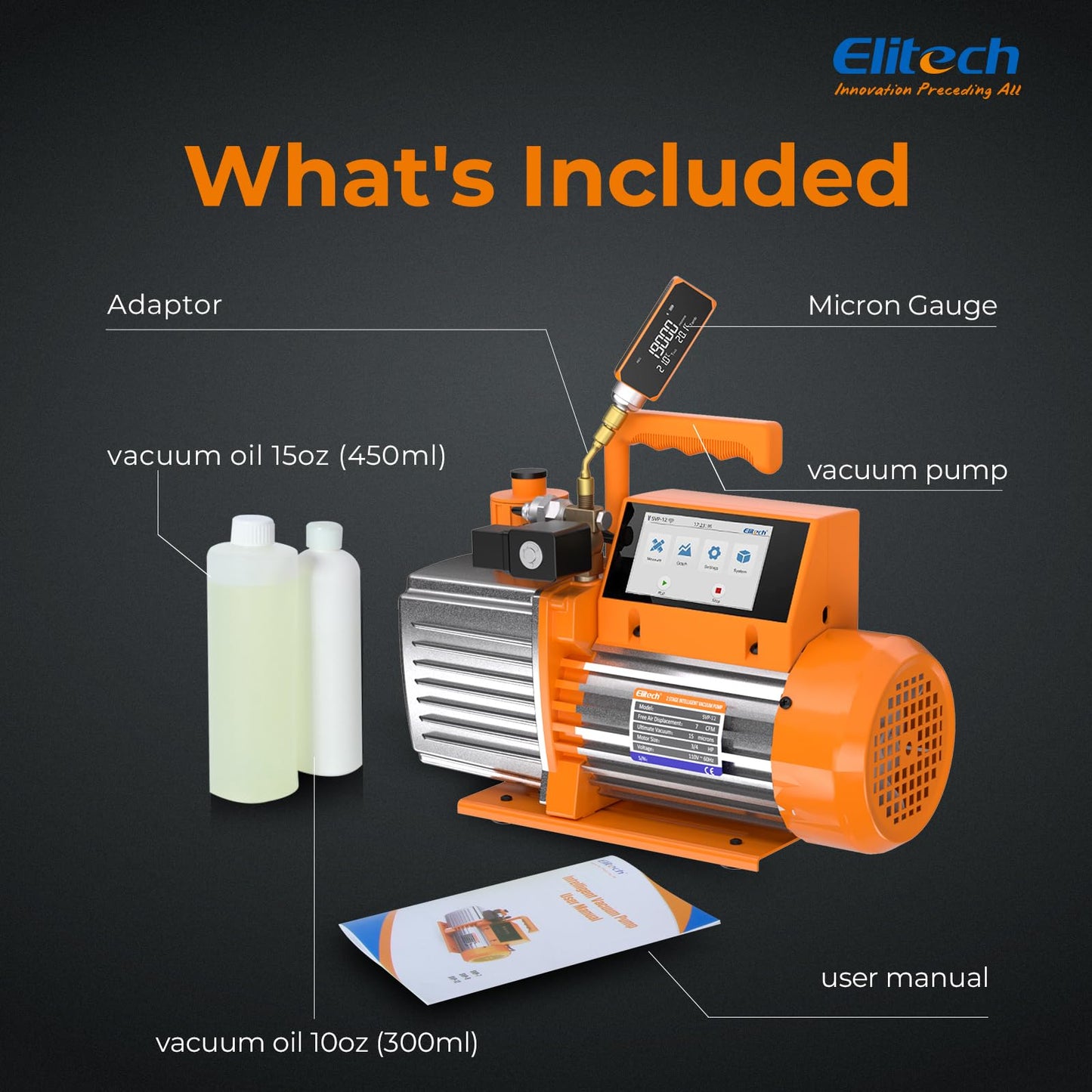 Elitech 12 CFM HVAC Vacuum Pump with External Micron Gauge, 1 HP Dual-Stage Rotary Vane Pump, 4" Touchscreen & App, Fast Evacuation for AC, Refrigeration, Mini Split, R12/R22/R134a/R410a- SVP-12 Pro