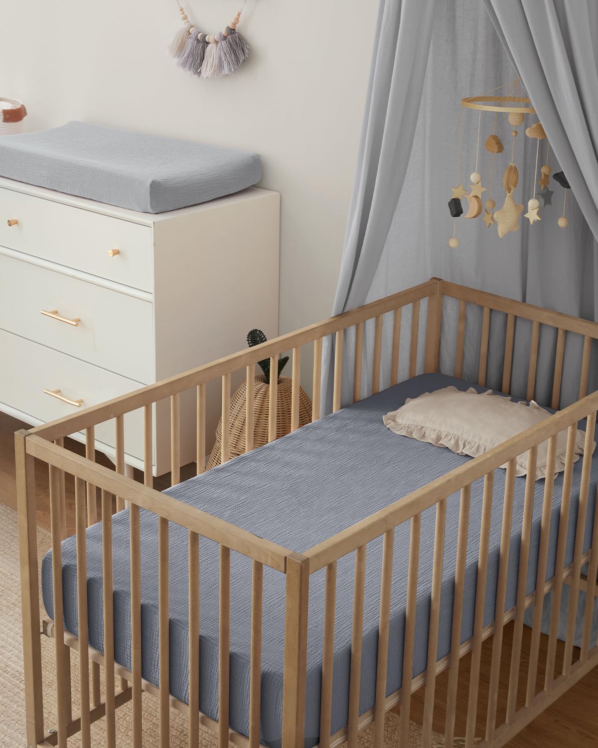 Blissful Diary Muslin Crib Sheets for Girl Boy, Boho Neutral Soft Cotton Baby Sheet for 52''x28'' Standard Crib Mattress, 2 Pack(Light Blue&Grey)