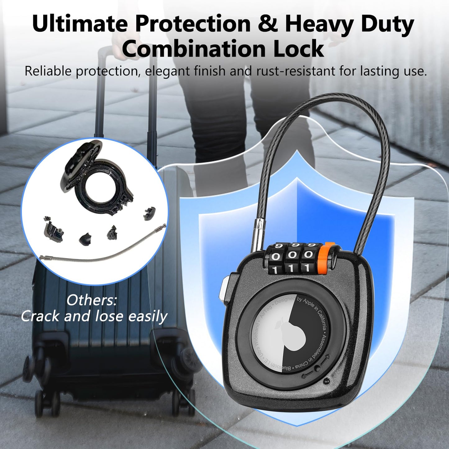 TUXON Compatible with Apple AirTag Secure Lock with Wire Cable, 3-Digit Combination Luggage Locks, Alloy Body Ultra Durable Anti-Lost Protective Case for Luggage, Bags, Suitcase, and Backpacks (BLACK)