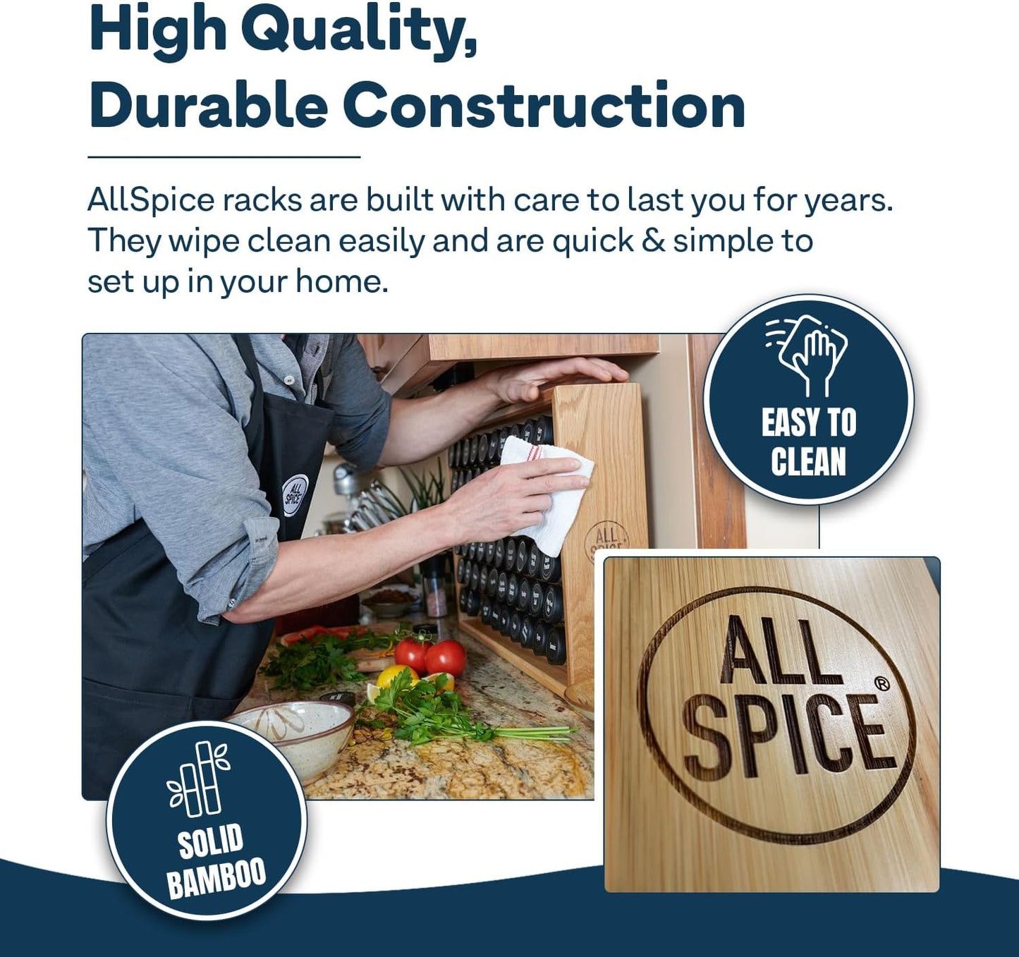 AllSpice Spice Rack Organizer - Bamboo Wood with 525 Unique Labels & 30 4oz Jars | Countertop or Wall Mount