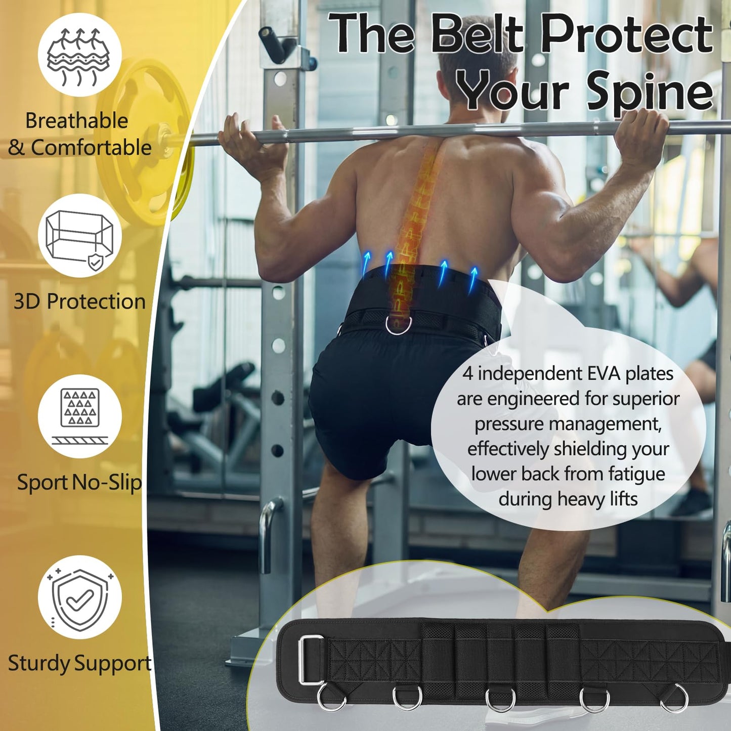 5 D-Rings Weightlifting Belt & Dip Belt with Adjustable 8- Loop Nylon Strap, Weighted Gym Belts for Pull Up, Dips,Squat, Powerlifting & Deadlift, Weight Lifting Belt with Structured Back Support