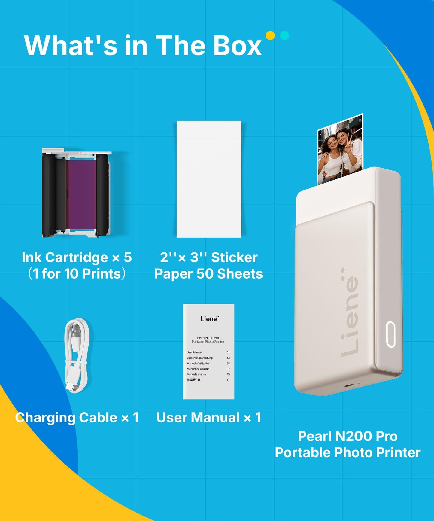 Liene Pearl N200 Pro Portable AI Photo Printer, Instant Mini Picture Printer for iPhone Smartphone, Thermal Dye Sublimation, Bluetooth Sticker Maker 50 Sheets 2x3 Adhesive Paper & 5 Cartridges, Gold