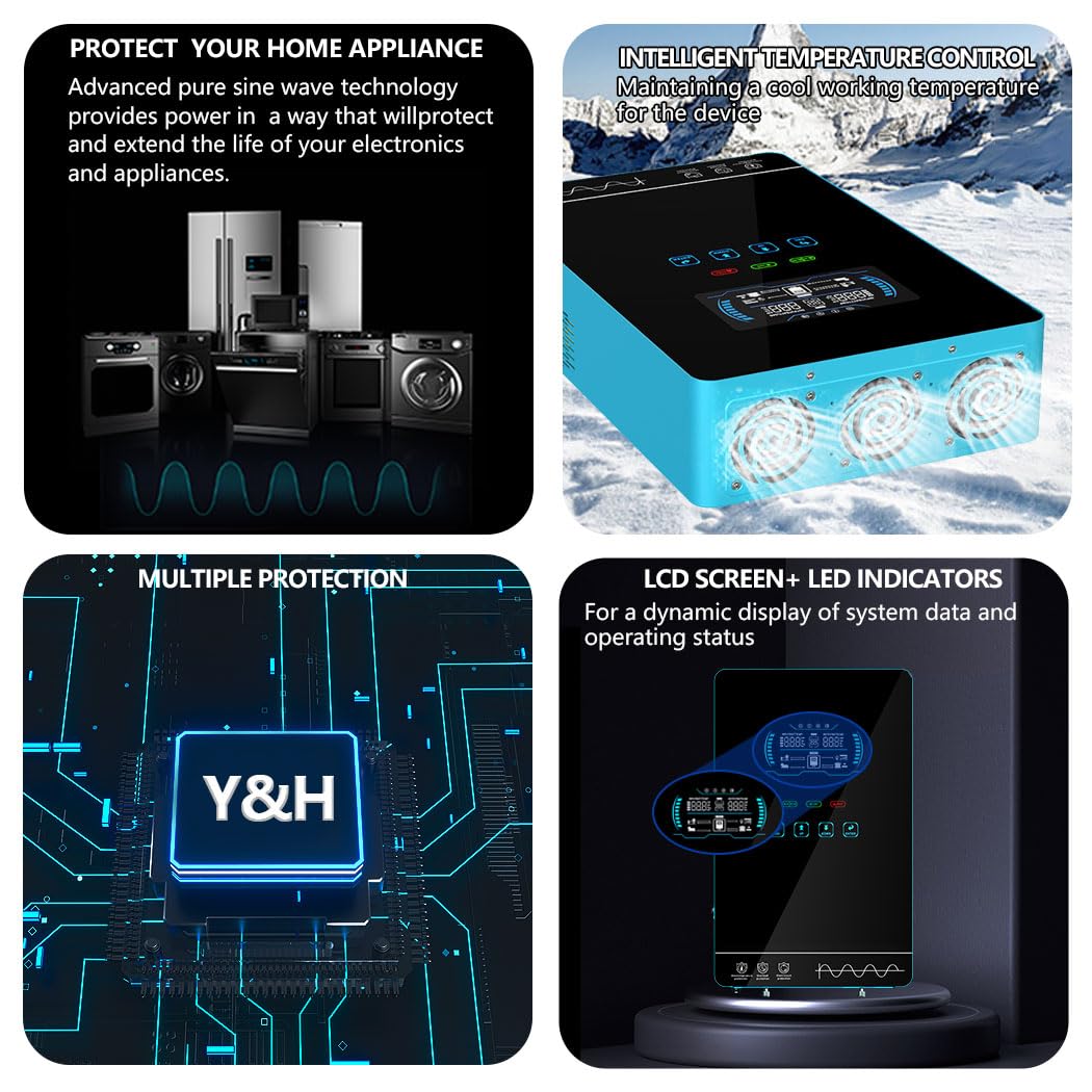 Y&H 4000W Hybrid Solar Inverter DC24V 120VAC Pure Sine Wave Output Battery-Free Starting, Built-in 140A MPPT Charger, 6.25" Touch LCD, UPS/Line/Battery Mode, for Off-Grid Home/RV/Energy Storage System