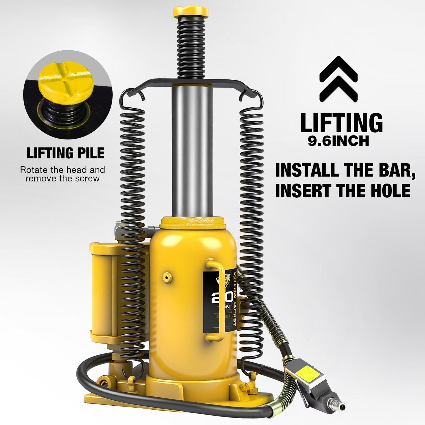 YELLOW JACKET Pneumatic Air Bottle Jack 20 Ton with Manual Hand Pump and Air Pump for Heavy Duty Auto Trucks