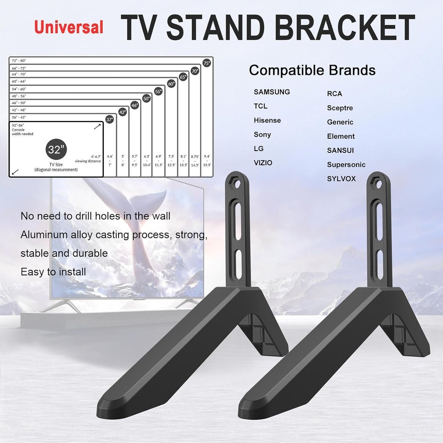 Generic 32-65 Inch 45kg 20-55mm Universal TV Stand Legs | Aluminum Alloy, Fits TVs | Height Raising Feet for Flat