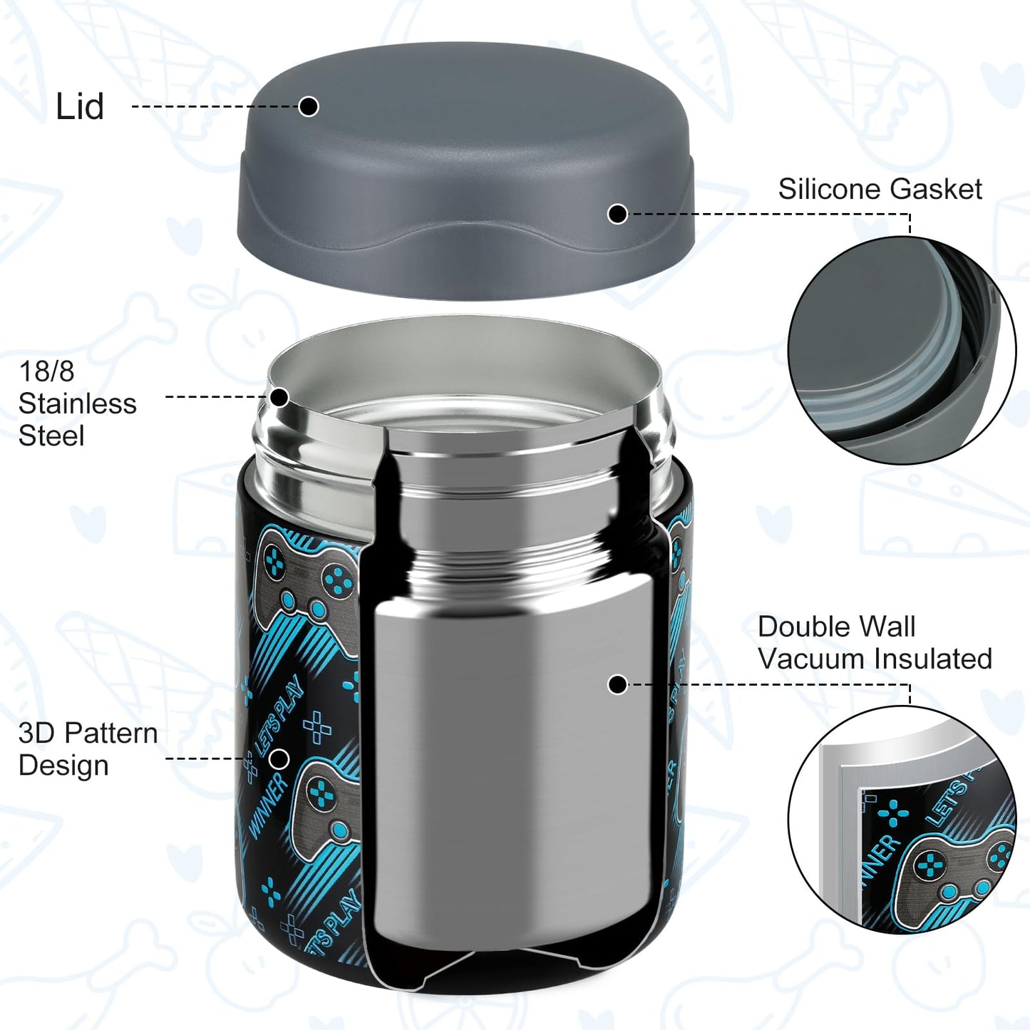 wiwens 12oz Soup Thermo for Hot Food Kids Insulated Food Jar Wide Mouth Lunch Container Leak Proof Stainless Steel Vacuum for School Office Travel Outdoors Black-Gamepad