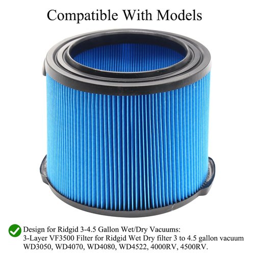 MZY LLC 4 Pack VF3500 Replacement Filter for Ridgid Wet Dry Vac VF3500, WD3050, WD4070, WD4080, WD4522, 4000RV, 4500RV filters 3-4.5 Gallon Vacuums