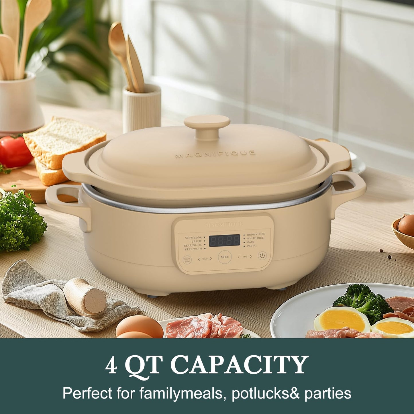 MAGNIFIQUE 4 Quart Programmable Casserole Slow Cooker, 8-in-1 Multi Cooker with Removable Non-Toxic Stoneware Crock, Claypot Slow Cooker, Rice-cooking, Nonstick, Oven Safe Pot to 450°F, Brown
