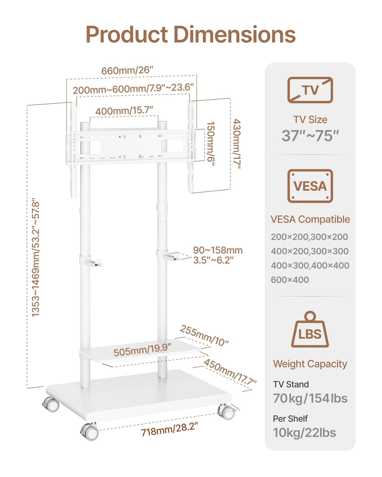 ECOTINY Steel Base Rolling TV Stand with Soundbar Mount for 37-75 inch TVs up to 154lbs, Swivel&Tilt Mobile TV Stand with Large Storage, Height Adjustable Heavy-Duty TV Cart, Max VESA 600x400mm, White