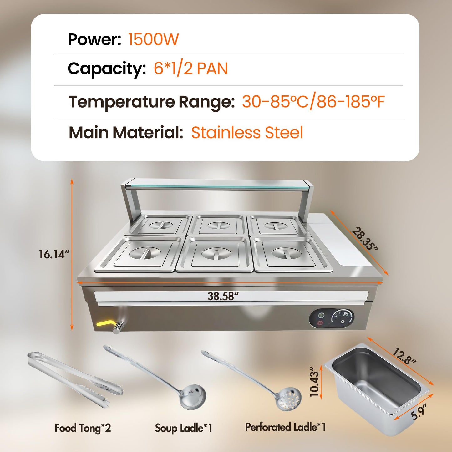 6-Pan Commercial Food Warmer, 72 Qt Electric Steam Table, Stainless Steel Bain Marie with Tempered Glass Cover, 1500W Countertop Food Warmer 86-185°F Temp Control for Catering, Restaurant, Silver